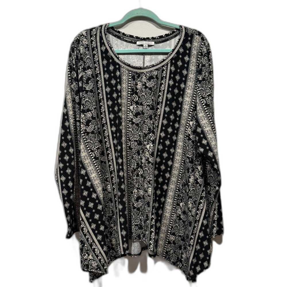 Green Envelope Top Boho Floral Border Print Handkerchief Tunic Shirt Womens 3X
